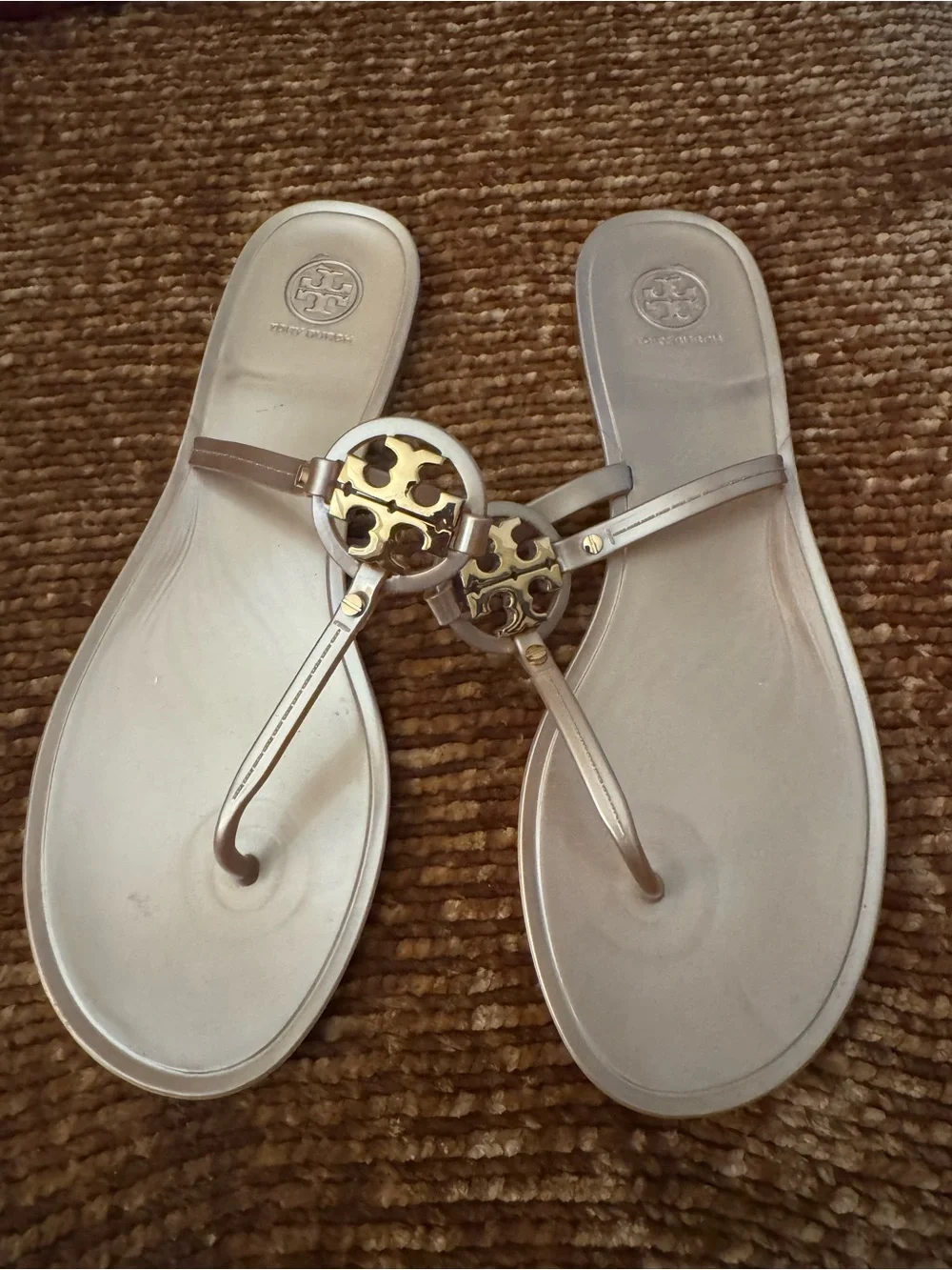 Tory Burch Metallic Gold Logo Jelly Thong Sandals size 11
